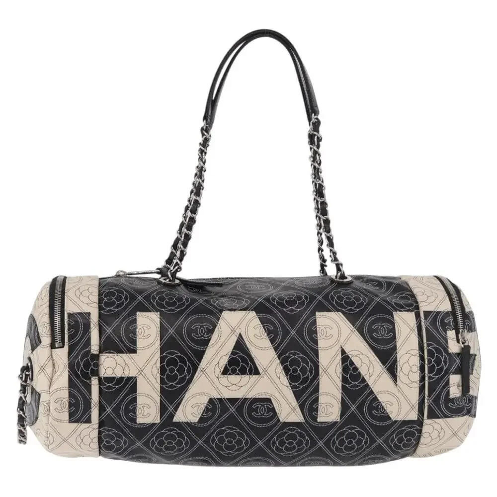 CHANEL Coated Canvas Camellia Printed Calfskin Bowling Bag